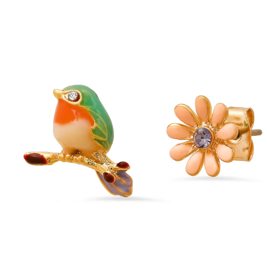Flower with Bird Mismatch Earrings