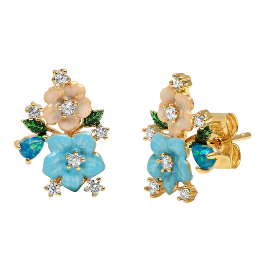 Blue & Peach Flower Earrings
