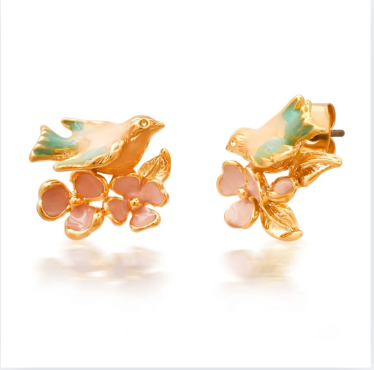 Whimsical Enamel Bird and Flower Studs