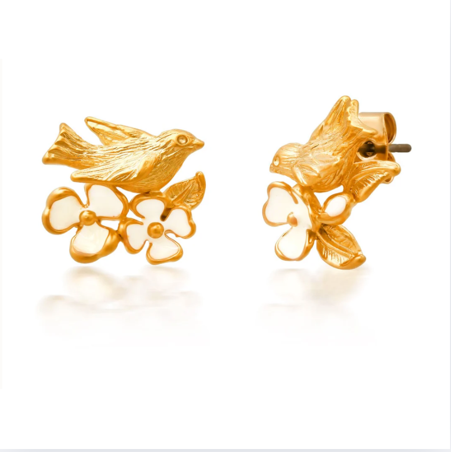 Whimsical Enamel Bird and Flower Studs