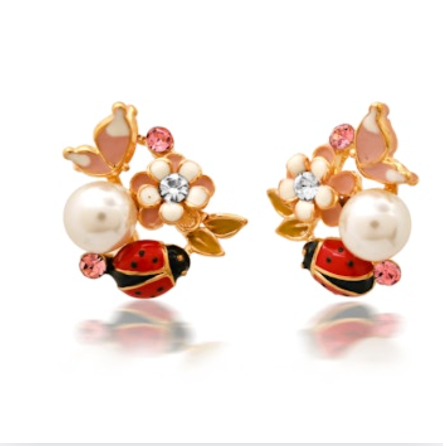 Enamel Ladybug Flower Cluster Studs