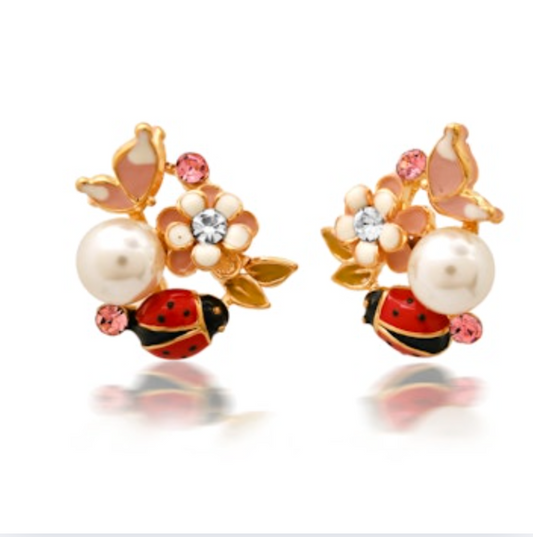 Enamel Ladybug Flower Cluster Studs