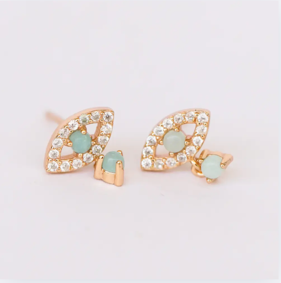 Evil Eye Drop - Amazonite - Gold Earrings