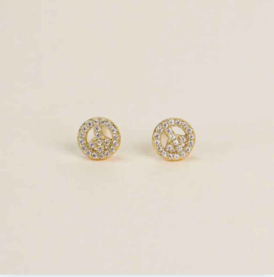Pave Stud - Peace Sign - Gold Earrings