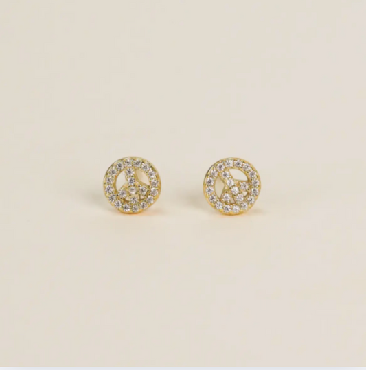 Pave Stud - Peace Sign - Gold Earrings