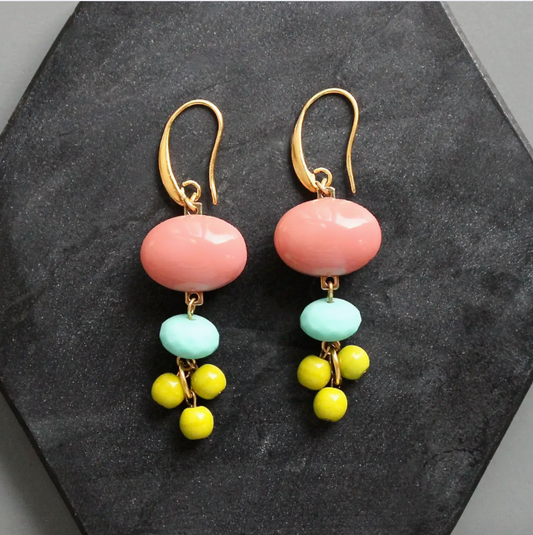 Vintage Coral Glass and Chartreuse Earrings