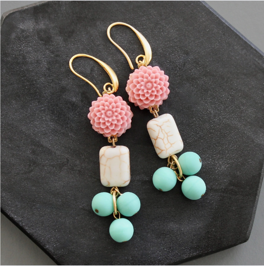 Pink and Turquoise Flower Earrings