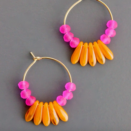 Pink and Orange Glass Hoop Earrings