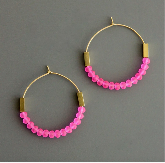 Neon Pink Glass Hoop Earrings